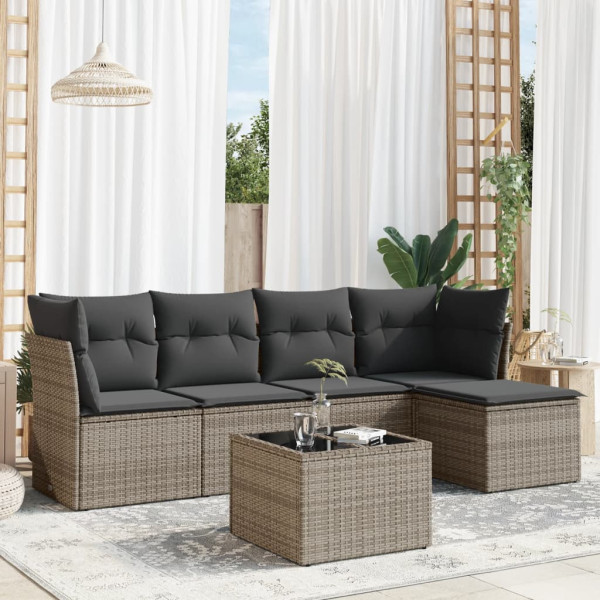 6 pcs conjunto sofás de jardim com almofadões vime cinzento D