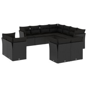 11 pcs conjunto sofás de jardim c/ almofadões vime PE preto H