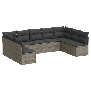 9 pcs conjunto sofás p/ jardim com almofadões vime PE cinzento H