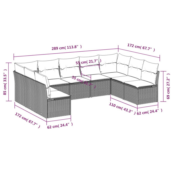 9 pcs conjunto sofás p/ jardim com almofadões vime PE cinzento M 3