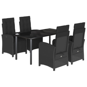 5 pcs conjunto de jantar p/ jardim c/ almofadões vime PE preto H