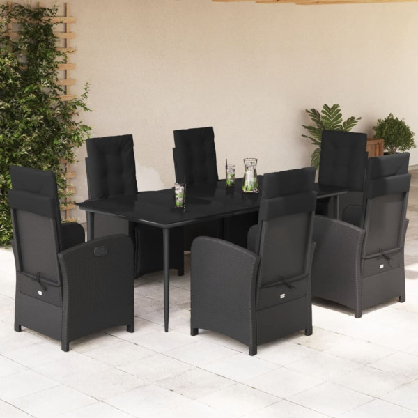 7 pcs conjunto de jantar p/ jardim c/ almofadões vime PE preto D