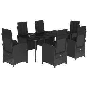 7 pcs conjunto de jantar p/ jardim c/ almofadões vime PE preto H