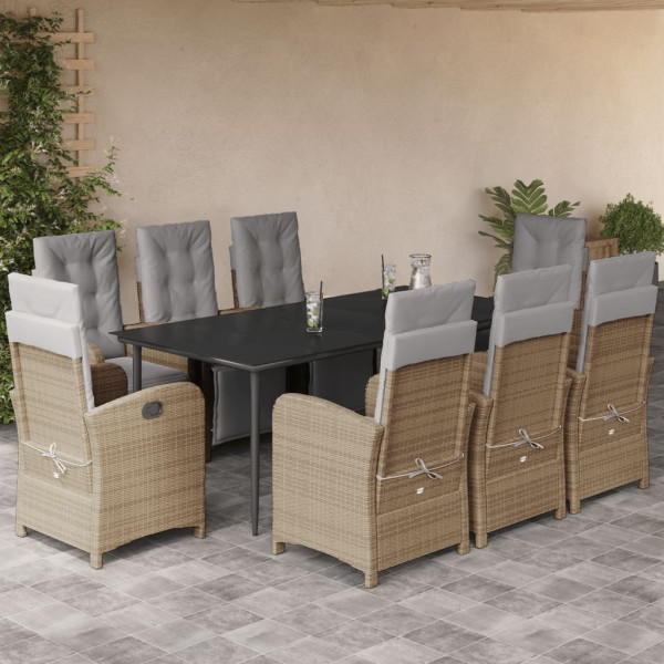 Set comedor de jardín 9 pzas con cojines ratán sintético beige D