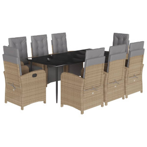 9 pcs conjunto de jantar p/ jardim com almofadões vime PE bege H