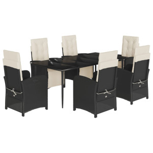 7 pcs conjunto de jantar p/ jardim c/ almofadões vime PE preto H