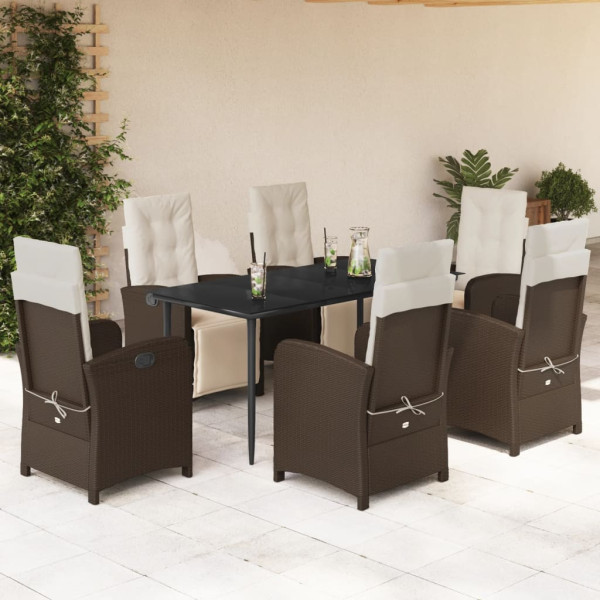 Set comedor de jardín 7 pzas con cojines ratán sintético marrón D