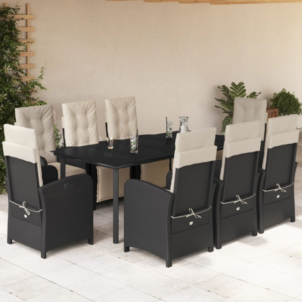 Set de comedor de jardín 9 pzas y cojines ratán sintético negro D