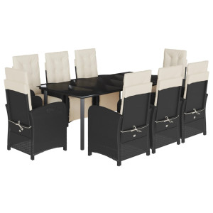 9 pcs conjunto de jantar p/ jardim c/ almofadões vime PE preto H