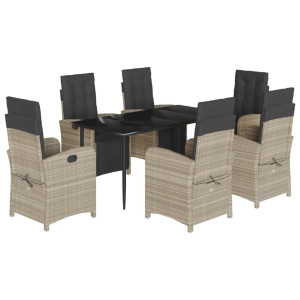7 pcs conj. jantar p/ jardim c/ almofadões vime PE cinza-claro H