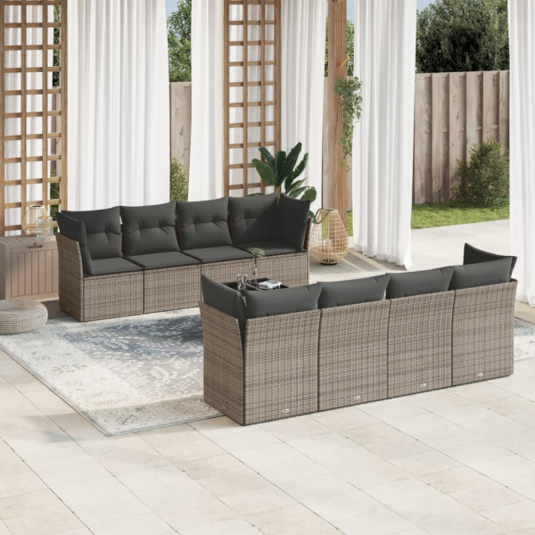 9 pcs conjunto sofás p/ jardim com almofadões vime PE cinzento D