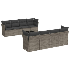 9 pcs conjunto sofás p/ jardim com almofadões vime PE cinzento H