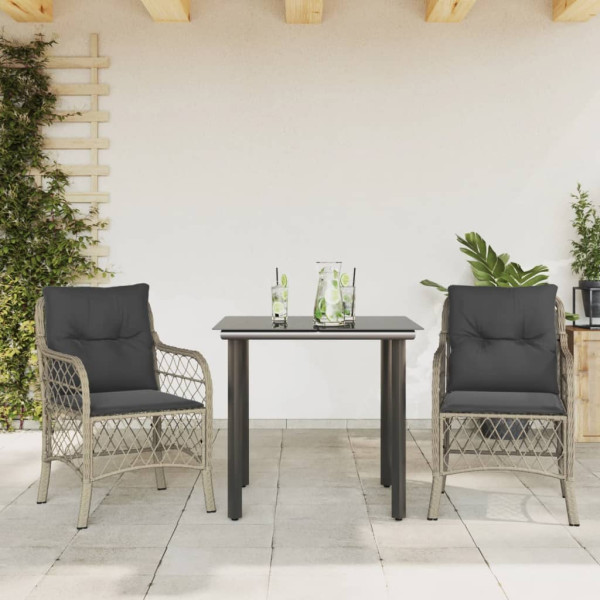 3 pcs conjunto bistrô com almofadões vime PE cinzento claro D