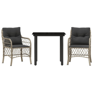 3 pcs conjunto bistrô com almofadões vime PE cinzento claro H