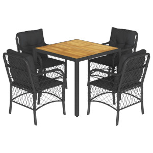 5 pcs conjunto de jantar p/ jardim c/ almofadões vime PE preto H