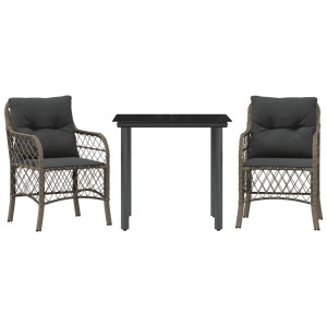 3 pcs conjunto bistrô com almofadões vime PE cinza H