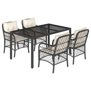 5 pcs conjunto de jantar p/ jardim c/ almofadões vime PE preto H