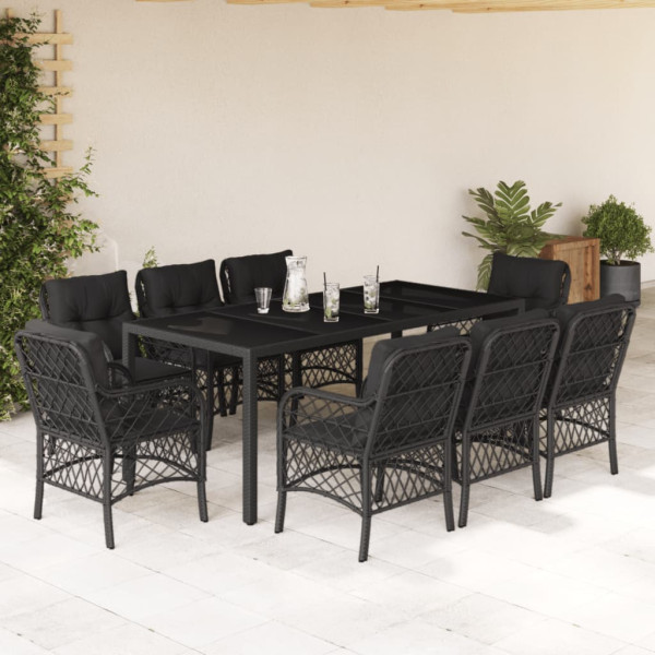 9 pcs conjunto de jantar p/ jardim c/ almofadões vime PE preto D