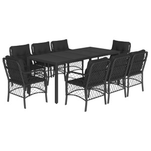 9 pcs conjunto de jantar p/ jardim c/ almofadões vime PE preto H