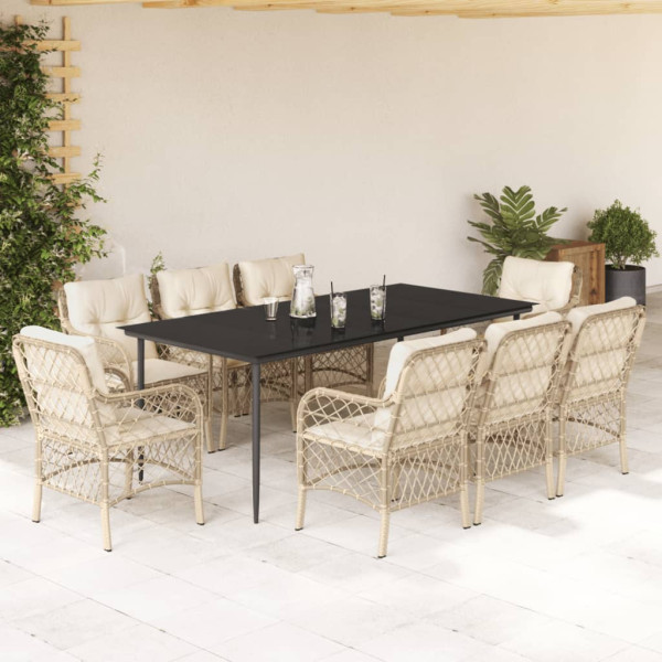 Set comedor de jardín 9 pzas con cojines ratán sintético beige D