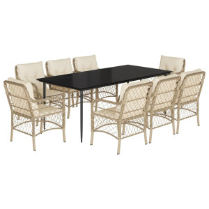 9 pcs conjunto de jantar p/ jardim com almofadões vime PE bege H