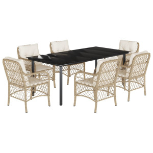 7 pcs conjunto de jantar p/ jardim com almofadões vime PE bege H