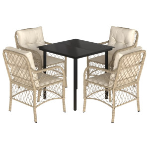 5 pcs conjunto de jantar p/ jardim com almofadões vime PE bege H