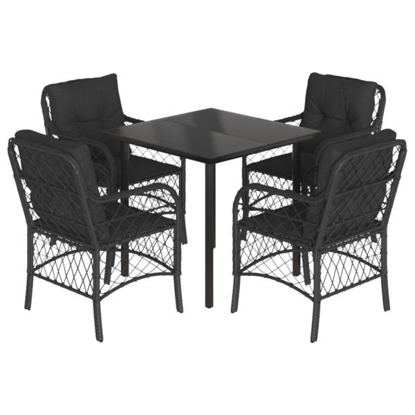 5 pcs conjunto de jantar p/ jardim c/ almofadões vime PE preto M 2