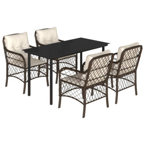 5 pcs conjunto jantar p/ jardim c/ almofadões vime PE castanho H