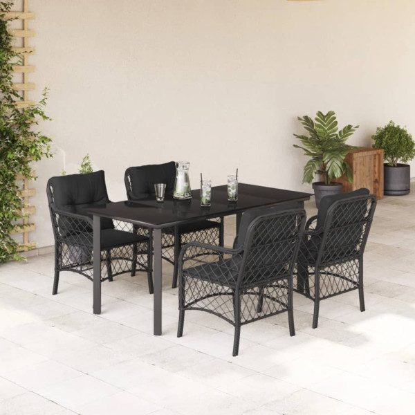 5 pcs conjunto de jantar p/ jardim c/ almofadões vime PE preto D