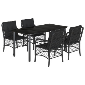 5 pcs conjunto de jantar p/ jardim c/ almofadões vime PE preto H
