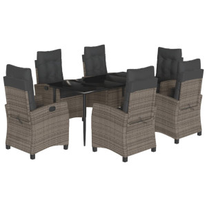 7 pcs conjunto de jantar p/ jardim c/ almofadões vime PE cinza H