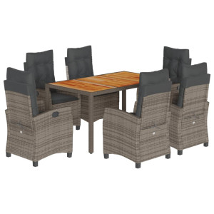 7 pcs conjunto de jantar p/ jardim c/ almofadões vime PE cinza H