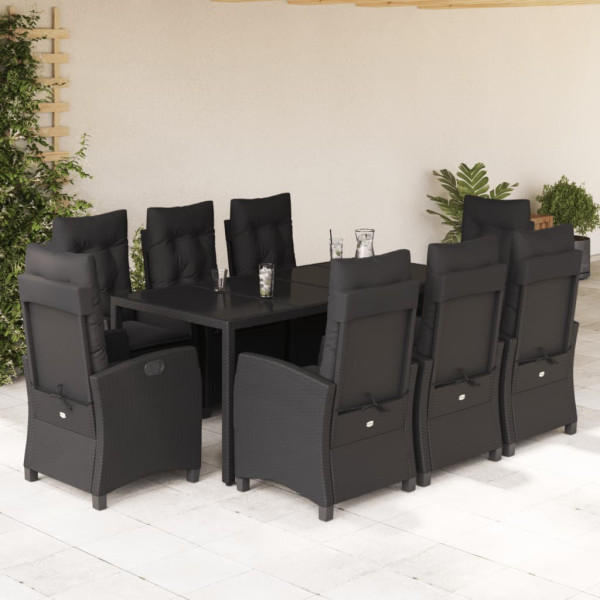 Set de comedor de jardín 9 pzas y cojines ratán sintético negro D