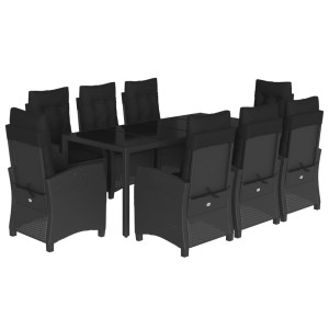 9 pcs conjunto de jantar p/ jardim c/ almofadões vime PE preto H