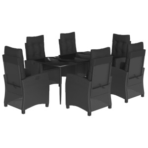 7 pcs conjunto de jantar p/ jardim c/ almofadões vime PE preto H