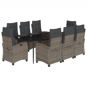 9 pcs conjunto de jantar p/ jardim c/ almofadões vime PE cinza H
