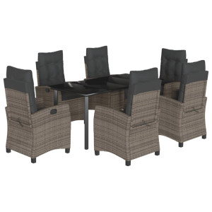 7 pcs conjunto de jantar p/ jardim c/ almofadões vime PE cinza H
