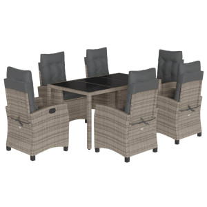 7 pcs conjunto de jantar p/ jardim c/ almofadões vime PE cinza H