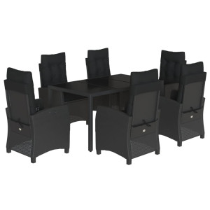 7 pcs conjunto de jantar p/ jardim c/ almofadões vime PE preto H