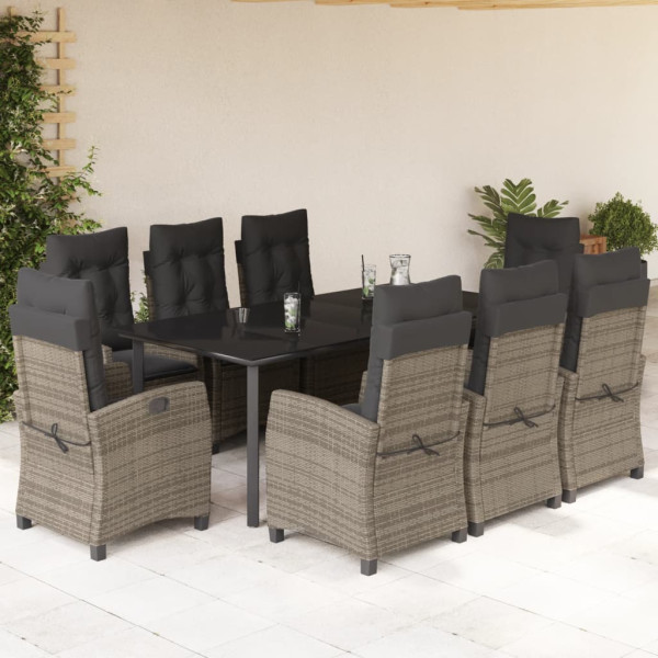 Set comedor jardín 9 pzas y cojines ratán sintético gris D