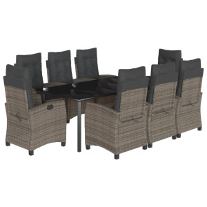 9 pcs conjunto de jantar p/ jardim c/ almofadões vime PE cinza H