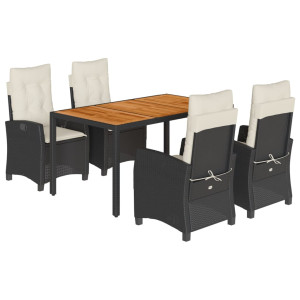 5 pcs conjunto de jantar p/ jardim c/ almofadões vime PE preto H
