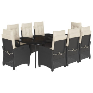 9 pcs conjunto de jantar p/ jardim c/ almofadões vime PE preto H