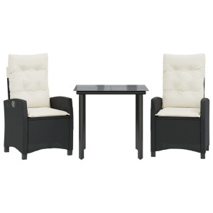 3 pcs conjunto de jantar p/ jardim c/ almofadões vime PE preto H