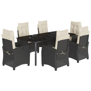 7 pcs conjunto de jantar p/ jardim c/ almofadões vime PE preto H