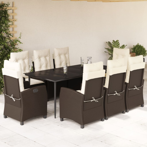 Set comedor para jardín 9 pzas y cojines ratán sintético marrón D