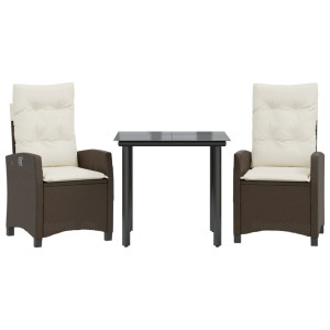 3 pcs conjunto jantar p/ jardim c/ almofadões vime PE castanho H