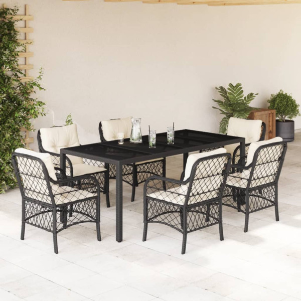 Set de comedor de jardín 7 pzas y cojines ratán sintético negro D