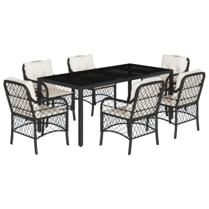 7 pcs conjunto de jantar p/ jardim c/ almofadões vime PE preto H